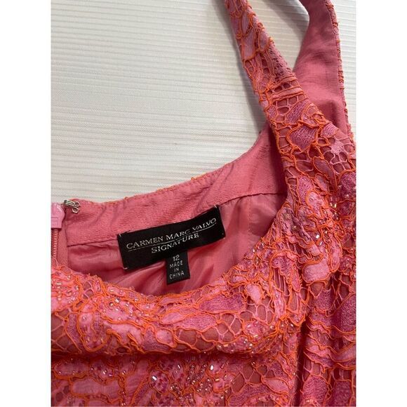 Carmen Marc Valvo Signature Pink Beaded Embellished Lace Dress Size 12 - Picture 11 of 16